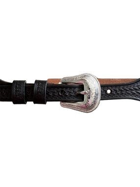 Silver Creek black leather western belt. Silvertone buckle. Hearts faux braid 30